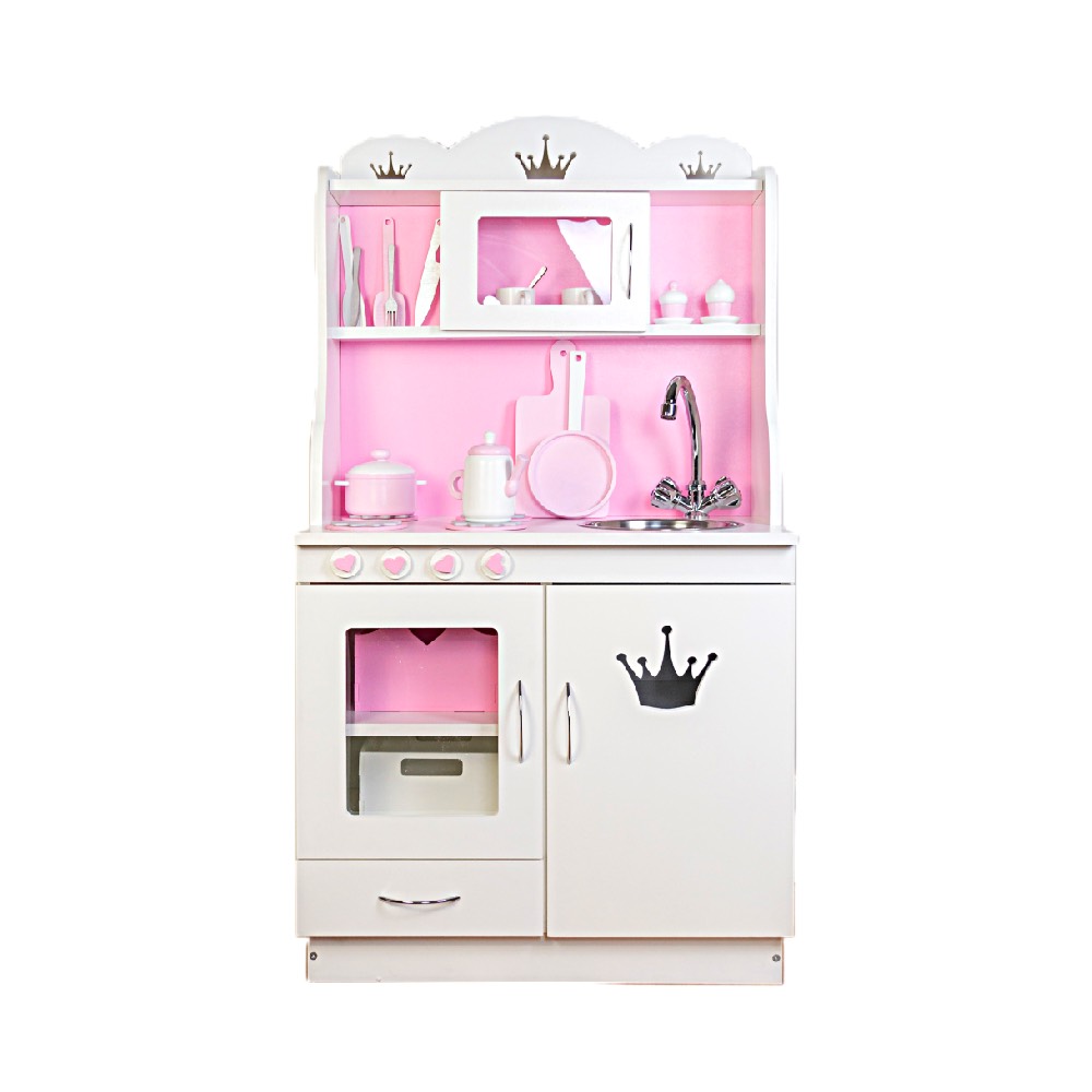 Кухня большая Carolon, с набором посуды, бело-розовая